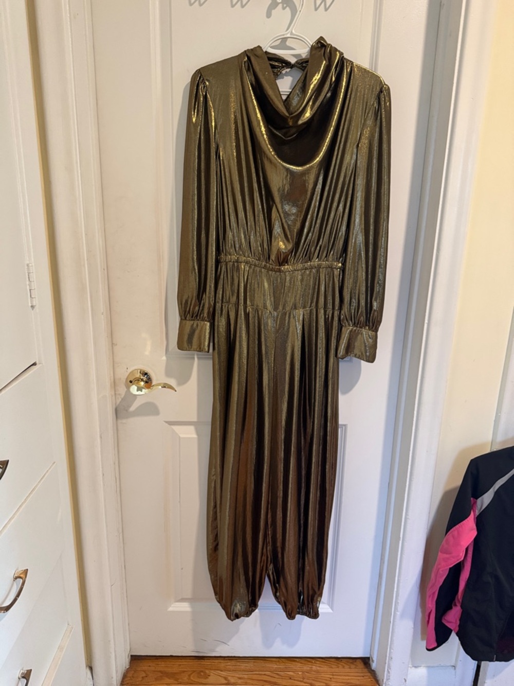 Metallic Olive Jumpsuit with Draped Neckline